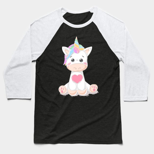 Cute Little Unicorn With Heart, Line Drawing White, Pink, Purple, Green & Yellow Baseball T-Shirt by Vegan Squad